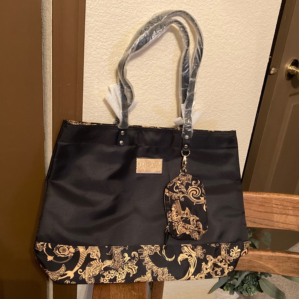 Versace Parfums Black & Gold Barocco Print Tote & Pouch Set with Dust Bag NWOT